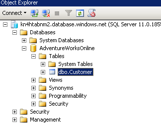 The Customer table in SQL Azure.
