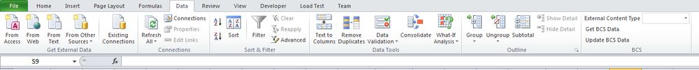 You can find BCS-related commands in Excel on the Data ribbon tab.