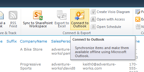 Click Connect to Outlook to use the ECT in Outlook via an external list.