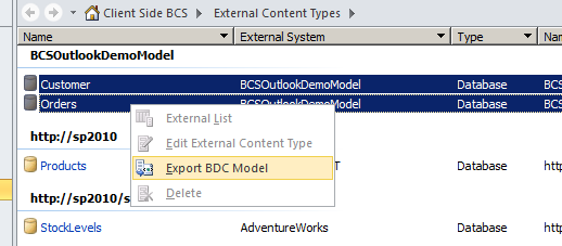 Export the two ECTs in a BDC model using SharePoint Designer.