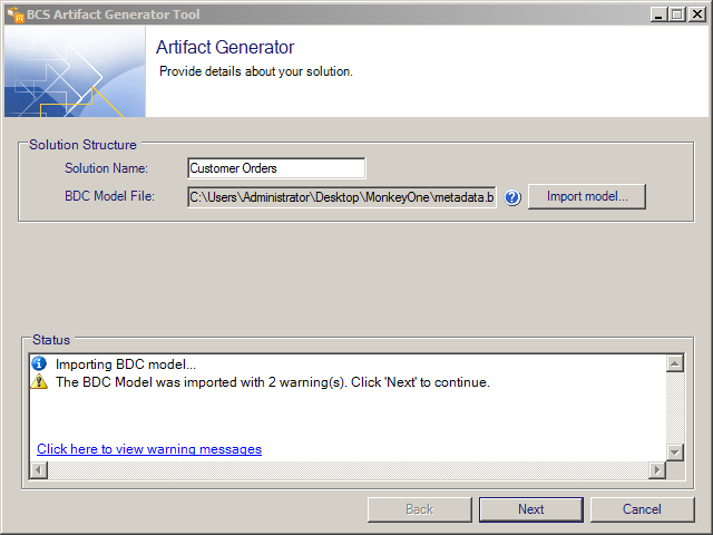 Artifact Generator validates the BDC model and displays error and warning messages.