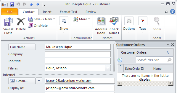 The custom pane is now providing more information on the contact form.