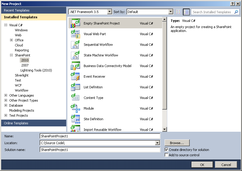 Many SharePoint 2010 project templates are available in Visual Studio 2010.