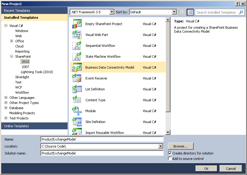 Create a Business Data Connectivity Model project in Visual Studio.