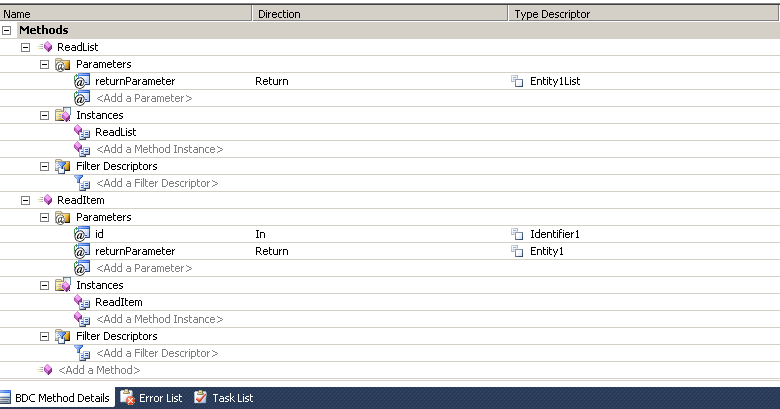 View method details for the Entity1 ECT in the BDC Method Details tool pane.