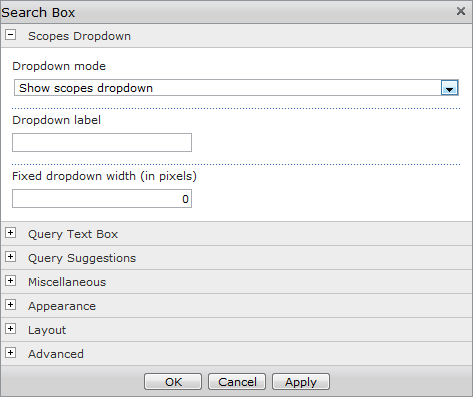 Setting a Scopes Dropdown in the Search Box Settings dialog box.