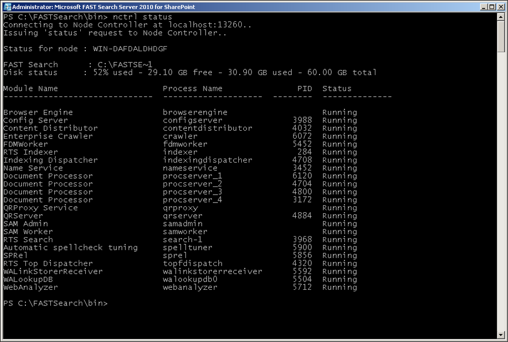 Output from issuing the command nctrl status in a single-server FS4SP installation.