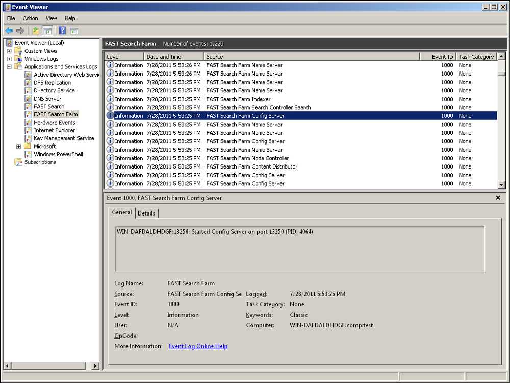 The Event Viewer showing logs aggregated on the main log server on the FS4SP administration server.
