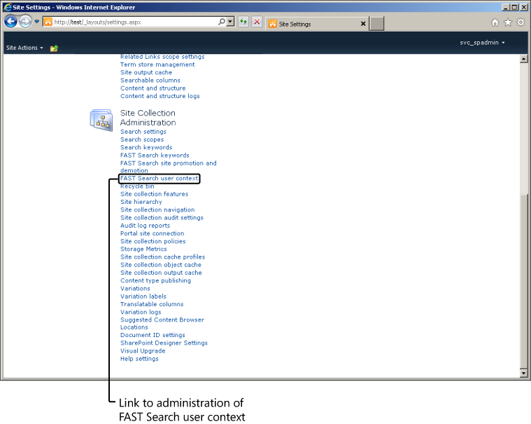 Link to FAST Search User Context from Site Collection Administration.