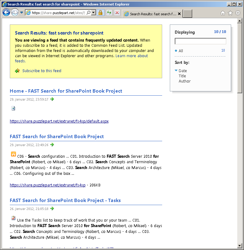 Viewing the RSS feed for a search query after clicking the RSS link on a Search Center.