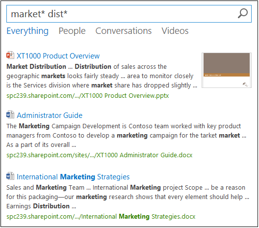 A screenshot of a search results page where a user has performed a wildcard search. Results include Microsoft PowerPoint and Microsoft Word items that match the terms market* and dist*.