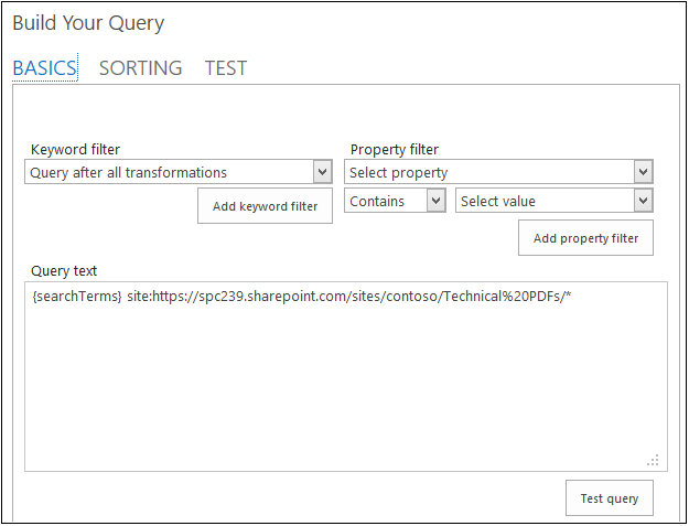 A screenshot showing the Query Builder tool being used to build a search transform that will limit searches to a specific result source.