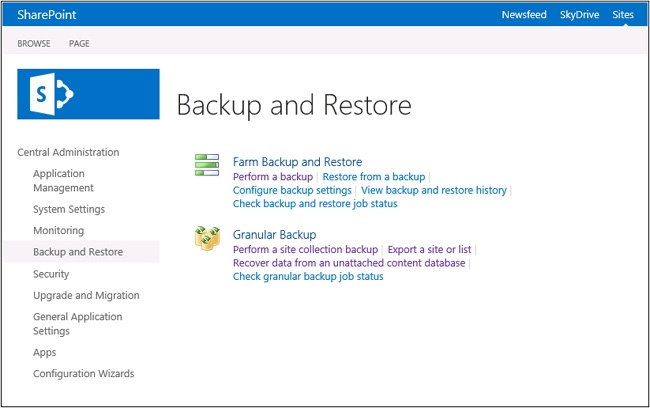 The backup and restore options available through Central Administration.