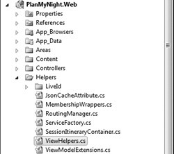 The PlanMyNight.Web project and ViewHelper.cs file in Solution Explorer