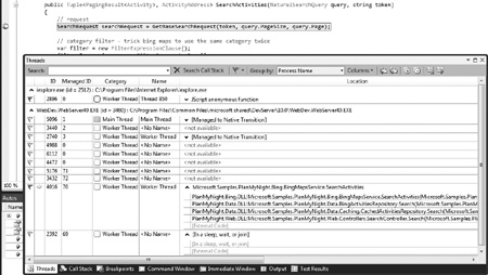 Displaying the Threads window while debugging Plan My Night