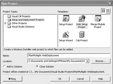 The New Project dialog box, showing the Web Setup Project option