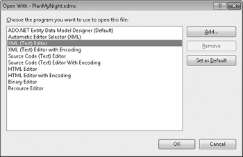 Open PlanMyNight.edmx in the XML Editor