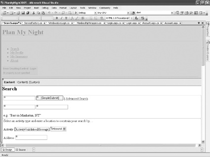 Designer view of an ASP.NET Web page in Visual Studio 2005