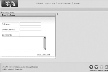 The ErrorFeedback.aspx form with a complete field set