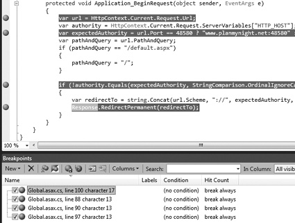 Code editor and Breakpoints window with three new breakpoints