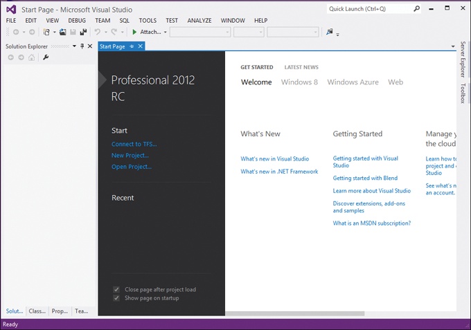 A screenshot of the Microsoft Visual Studio 2012 start page.