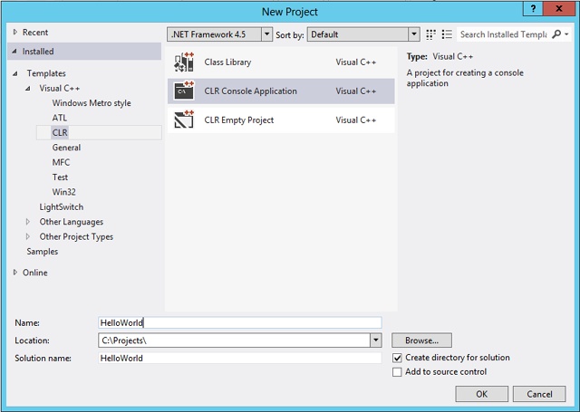 A screenshot of the New Project dialog contains four panes. The left-hand pane displays a tree of project types, arranged by language. The center pane displays the project templates for whatever project type is selected in the left-hand pane, and the right-hand pane displays a description of the project type. The bottom pane contains textboxes that allow you to enter the name and location for your new project.