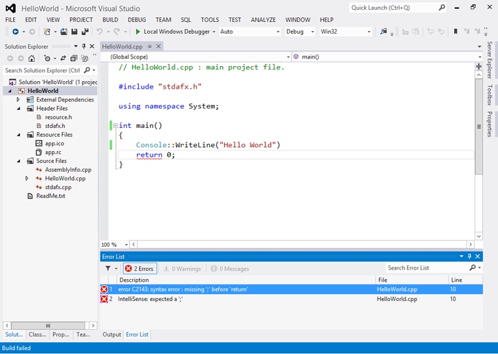 A screenshot of the Output window, which contains one line for each error or warning, with errors marked by a red circle. Each error or warning has a description and the name of the file and line number where the error occurred.