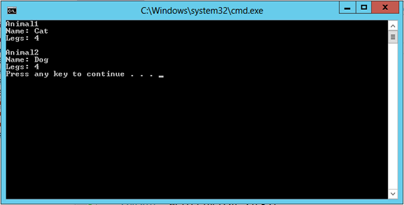 A screenshot of the console window that opens when you run the application. The output shows that Animal1 has the name “Cat” and four legs; Animal2 also has four legs and the name “Dog”. The message “Press any key to continue” appears at the bottom of the output.