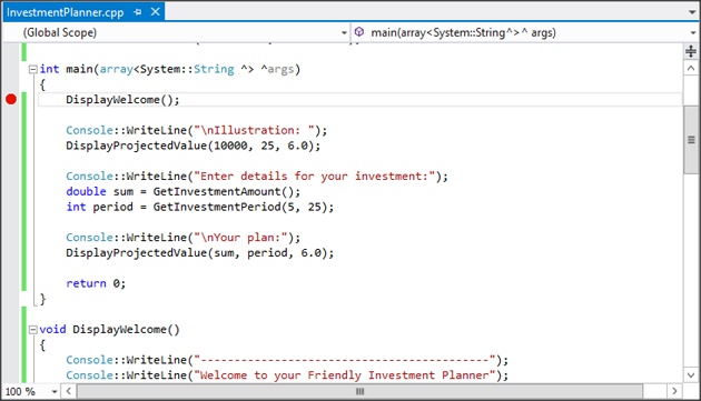 A screenshot of the editor window. A red dot is visible in the left margin to indicate a breakpoint.