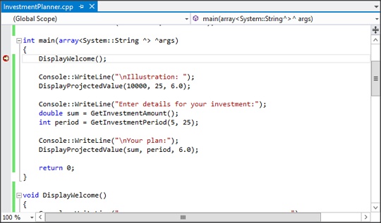 A screenshot of the editor window after a debugger session has been started. A right-facing yellow arrow appears over the red dot in the margin.