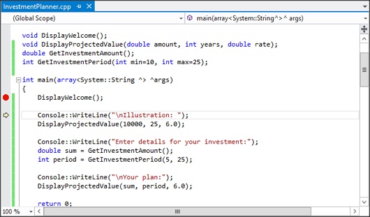 The same screenshot of the editor window as in the last graphic. In this screenshot, both the yellow arrow and the red dot appear separately in the left margin. The breakpoint is still set on the first statement in main, but the yellow arrow has moved down to show the next statement to be executed.