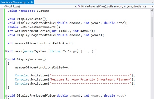 A screenshot of the editor window, showing a line incrementing the numberOfYourFunctionsCalled global variable as the first line of a function. Doing this in each function will enable you to count the number of functions you have called.