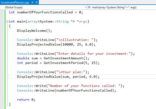 A screenshot of the editor window, showing the lines that write out the numberOfYourFunctionsCalled variable at the end of the main function. Doing this will show you how many functions you have called.