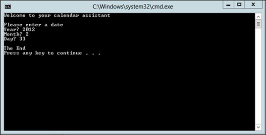 A screenshot showing the output when an invalid date is entered.