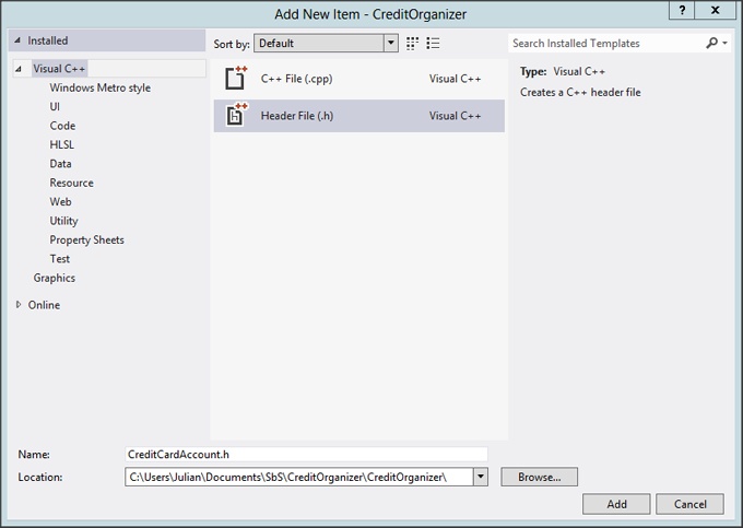 A screenshot of the Add New Item dialog box. in the center pane, the Header File (.h) is selected. In the Name text box, CreditCardAccount.h has been typed.