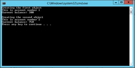 A screenshot showing how the static numberOfAccounts member has the value two when two objects have been created.