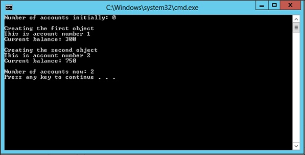 A screenshot showing how a static member function can be used to display the value of a static data member.