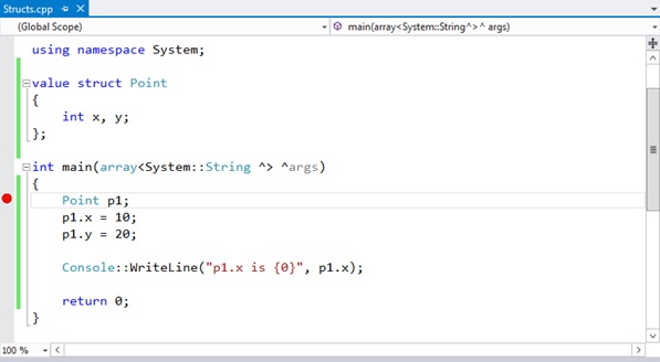 A screenshot showing a breakpoint, which appears as a red dot to the left of a line of code.