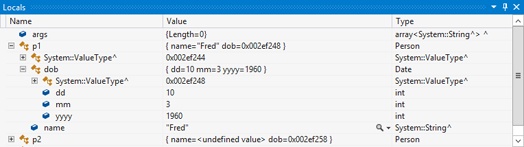 You can see the entire structure of the p1 variable in the Locals pane, showing that p1 contains a dob field, which in turn has dd, mm, and yyyy members.