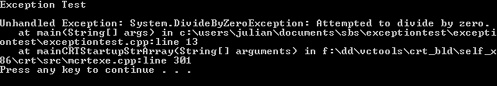 A screenshot showing how an unhandled exception is reported when a program terminates. The standard message shows details of all function calls that were made up to the point of failure, with the most recent being listed first.