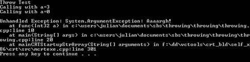 A screenshot showing the result of running the program. The program prints “Calling with a=3” and “Calling with a=0”, and then displays an unhandled exception report because an exception was triggered but not caught.