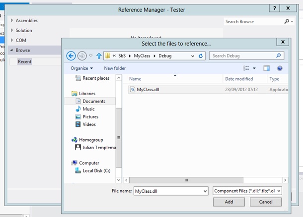 A screenshot of Reference Manager dialog box. In the pane on the left, the browse tab has been clicked. Layered on top of the dialog box is a typical file chooser dialog box, in the assembly DLL MyClass.dll has been selected.