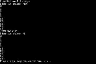 A screenshot showing the result of running the program. The array values are the same when printed from main or the function, but the size reported for the array is different.