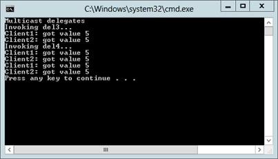 A screenshot showing the result of running the application. Invoking del4 results in seeing four lines of output, which results from del3 being invoked twice.