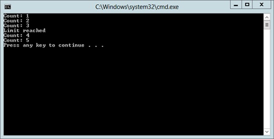A screenshot showing the result of running the application. The counter limit was set to three, so three count messages are printed, followed by the “Limit reached” message, and then the last two count messages.
