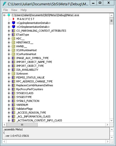 A screenshot of the ILDASM window, displaying the structure of a .NET EXE or DLL file in a tree structure. There are many entries for a C++/CLI file. The MANIFEST is the first item in the tree.