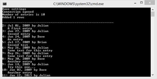 A screenshot of the console output, showing a list of the entries in the blog database table.