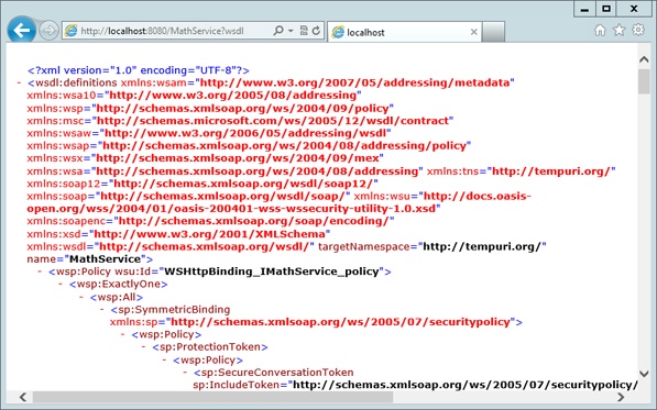 A screenshot showing the WSDL displayed as an XML document in the browser window. It contains the full details that a client needs to contact and use the service.