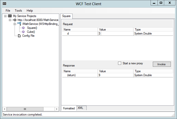 A screenshot of the WCF Test Client dialog box. The pane on the left displays the operations supported by the service. When you select an operation, the pane on the right will let you fill in the parameters required, if any, and invoke the operation. The return value, or fault details if the call fails, are shown at the bottom of the right-hand pane.