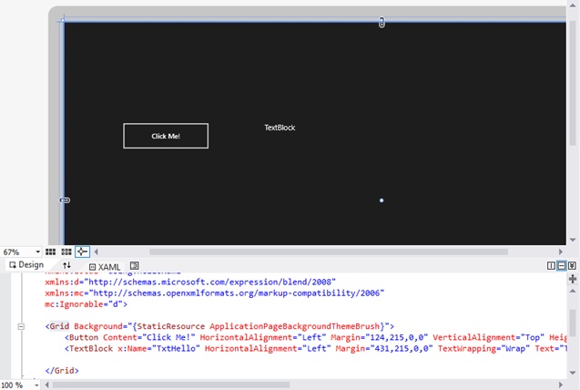 A screenshot of the Visual Studio window, showing the upper and lower panes. In the lower XAML pane the x:Name attribute has been added to the TextBlock element.